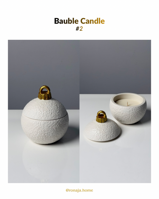White textured bauble candle container shown closed and open with its matching lid.